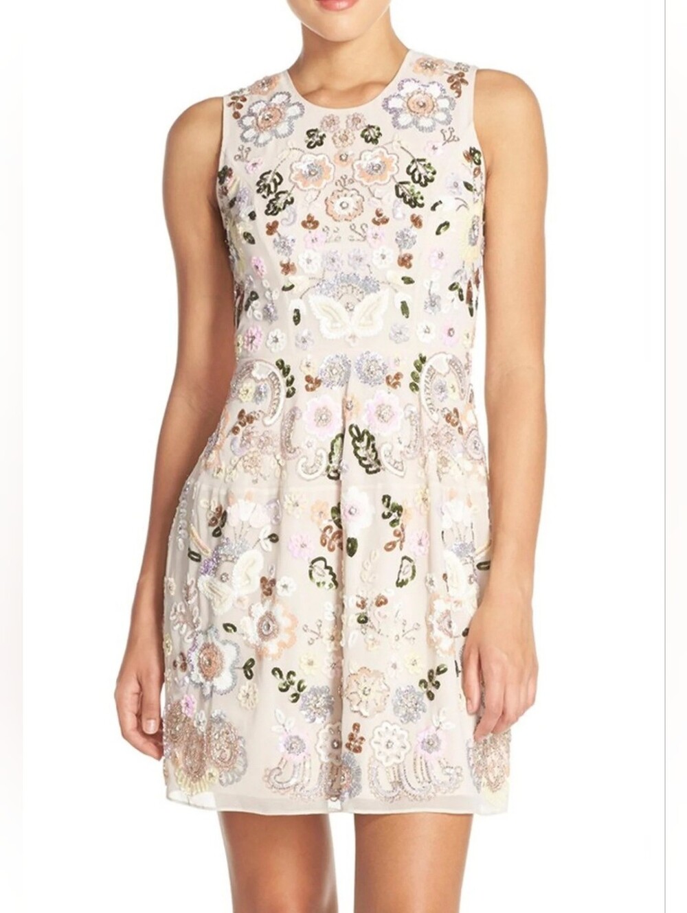 Needle & Thread Nude Embroidered Mini Dress with Pink, Green & Gold Accents